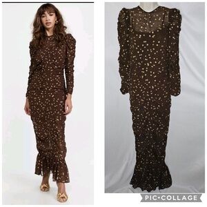 New Womens by TiMo Georgette Midi Dress Brown Gold Petals Viscose Lining Size S
